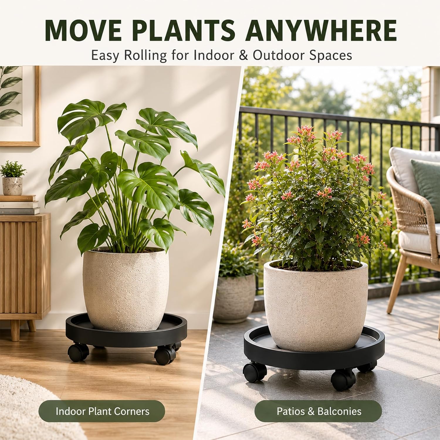 2 Pack 12.4" Plant Caddy with Wheels, Heavy Duty Rolling Plant Stand Dolly | Pot Feet & Water Removal Dropper, Black