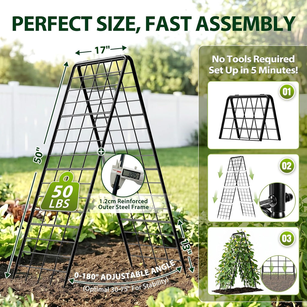 Heavy Duty 50"x17" Adjustable A-Frame Trellis for Climbing Plants Outdoor, Metal Rust-Proof Garden Trellis, Dense Grid