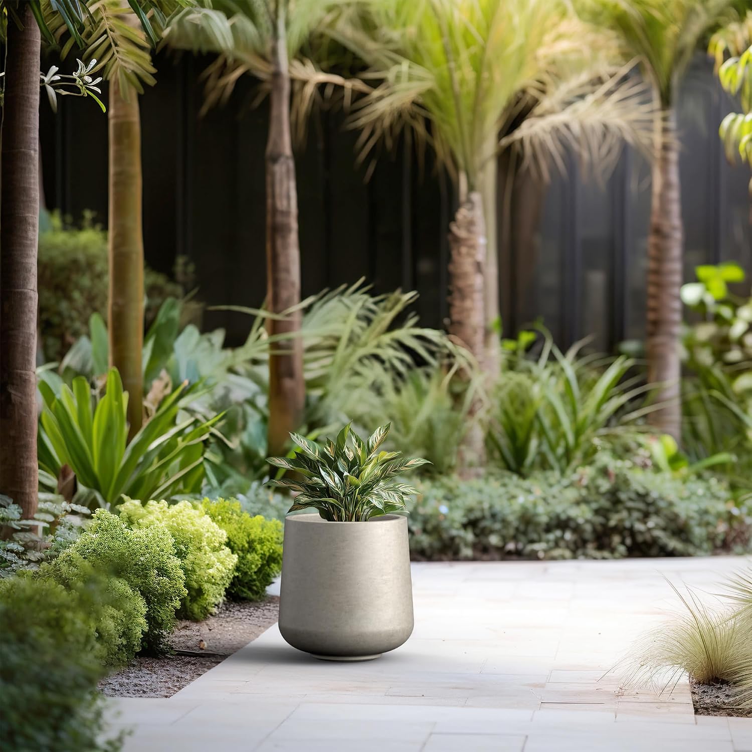 Kante Accent Round Curved Weathered Concrete Planter 13" Dia, Outdoor | Rubber Plug for Indoor, Drainage for Garden