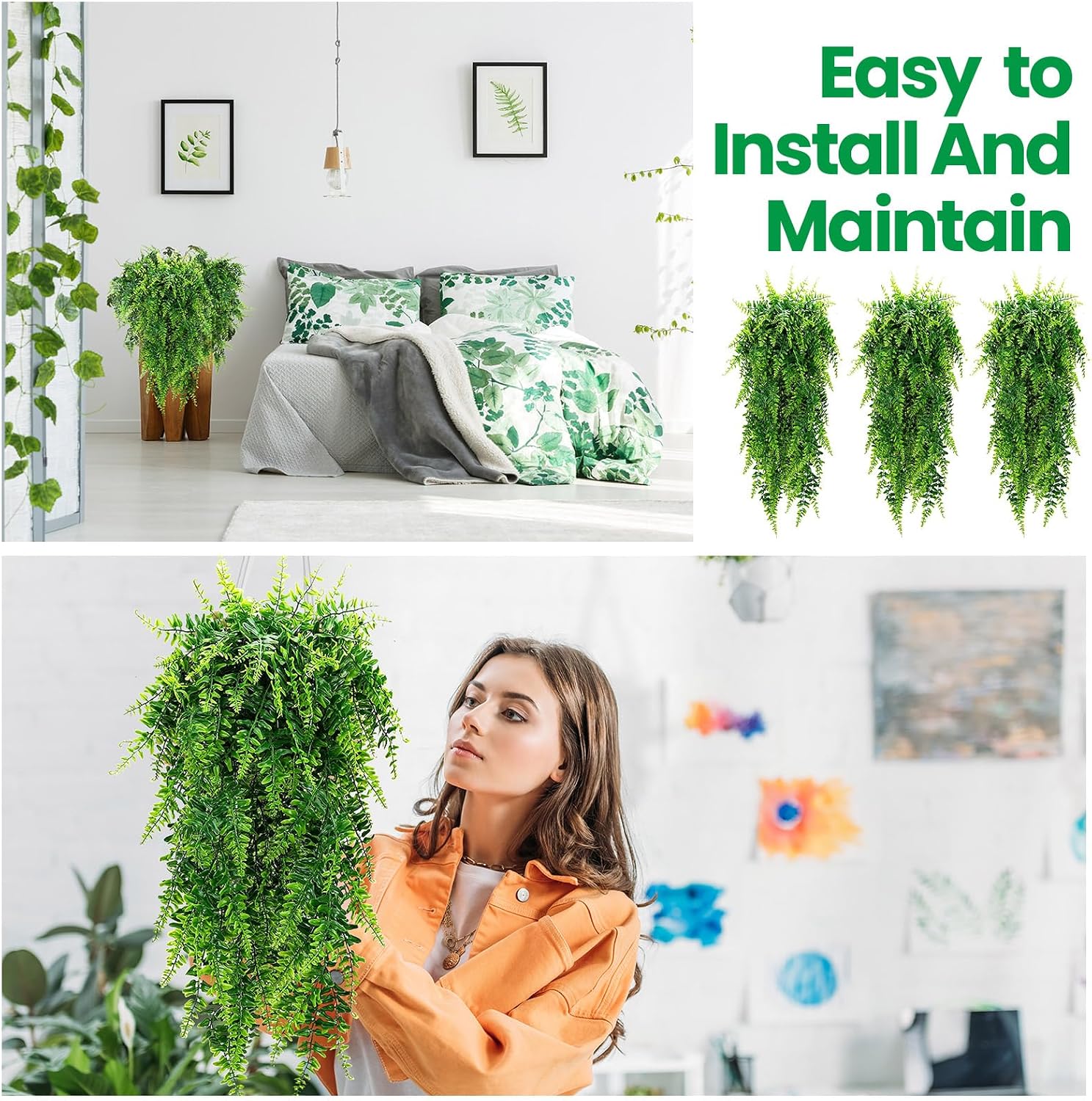 Geosar 64 Pcs Artificial Hanging Plants Boston Ferns 32 Inch Plastic | Fake Greenery for Wall Garden Wedding Garland