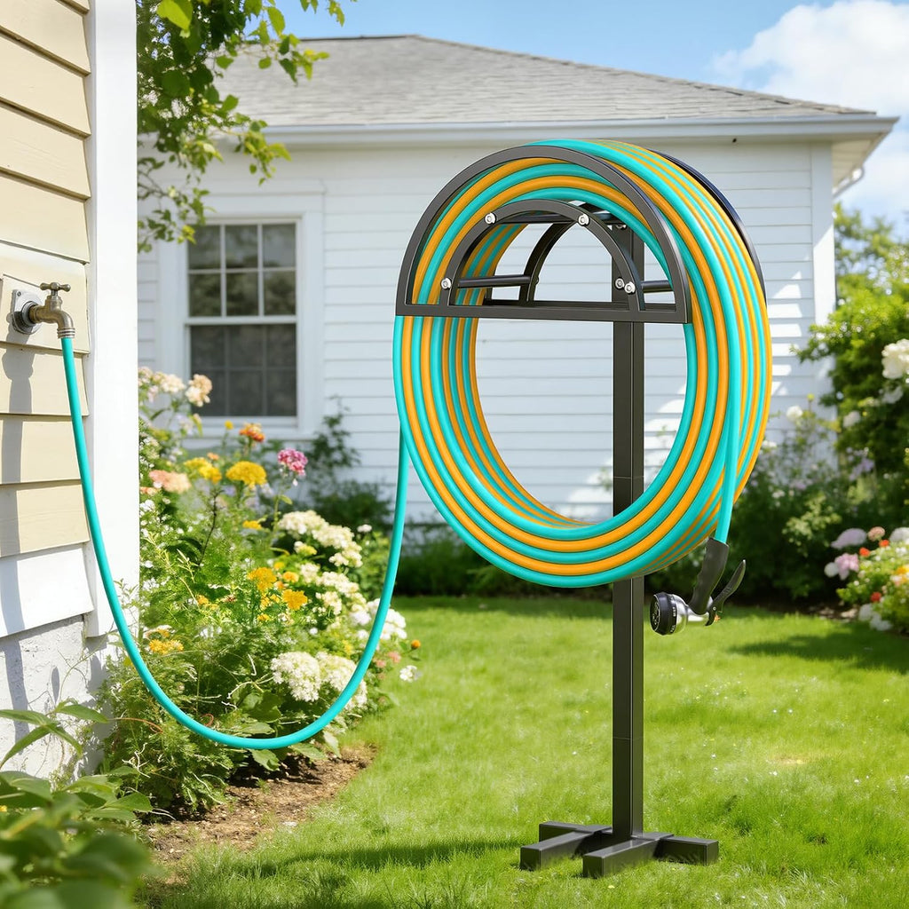 OLV Garden Hose Holder, Heavy Duty Freestanding Outdoor Water Hose Holder Stand Holds 150-ft Hoses, Detachable Metal