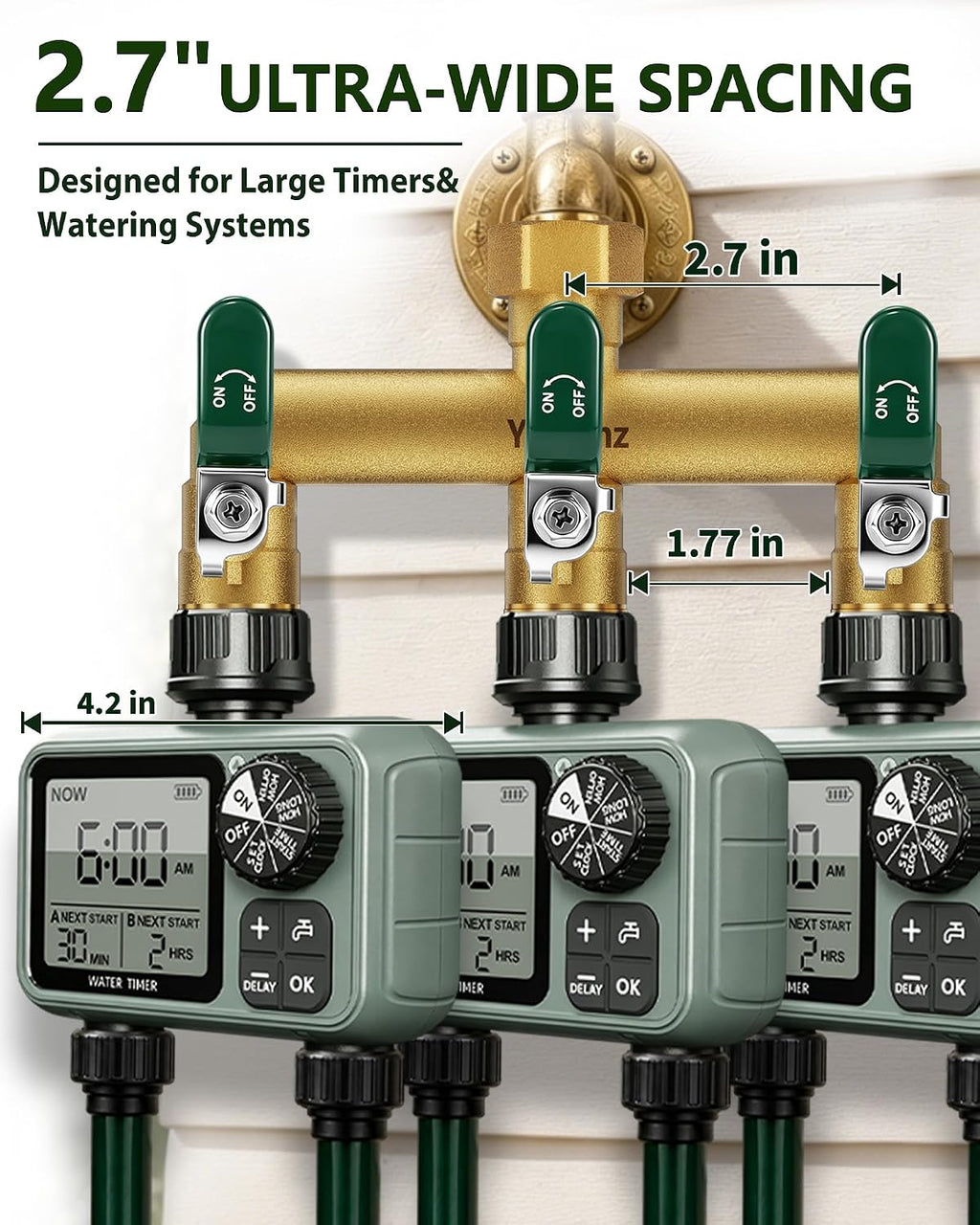 3 Way Garden Hose Splitter, 3/4" GHT Full Flow Hose Splitter | One-Piece Heavy Duty Full Brass Body with Shut-off