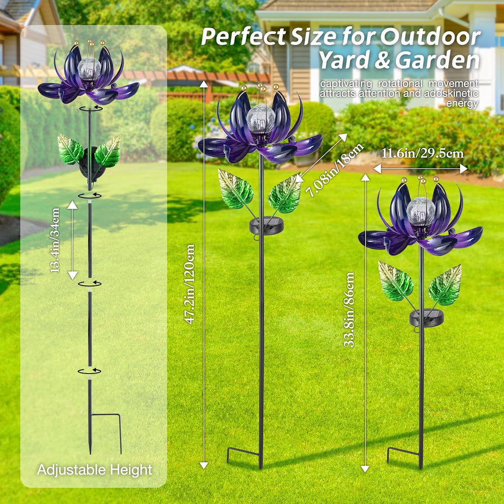 AIINY Solar Purple Metal Flower Wind Spinners, Colorful Spinning Windmill Lotus Yard Art Lights with LED Crystal Ball