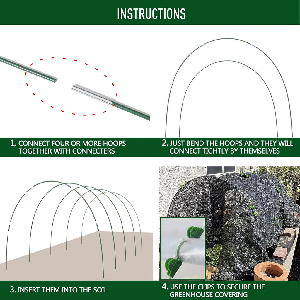 MAXPACE Greenhouse Hoops Kit, DIY 8ft Grow Tunnel, Fits Raised Garden Beds 2.7ft Wide & Up, 50 Pcs Rust-Proof