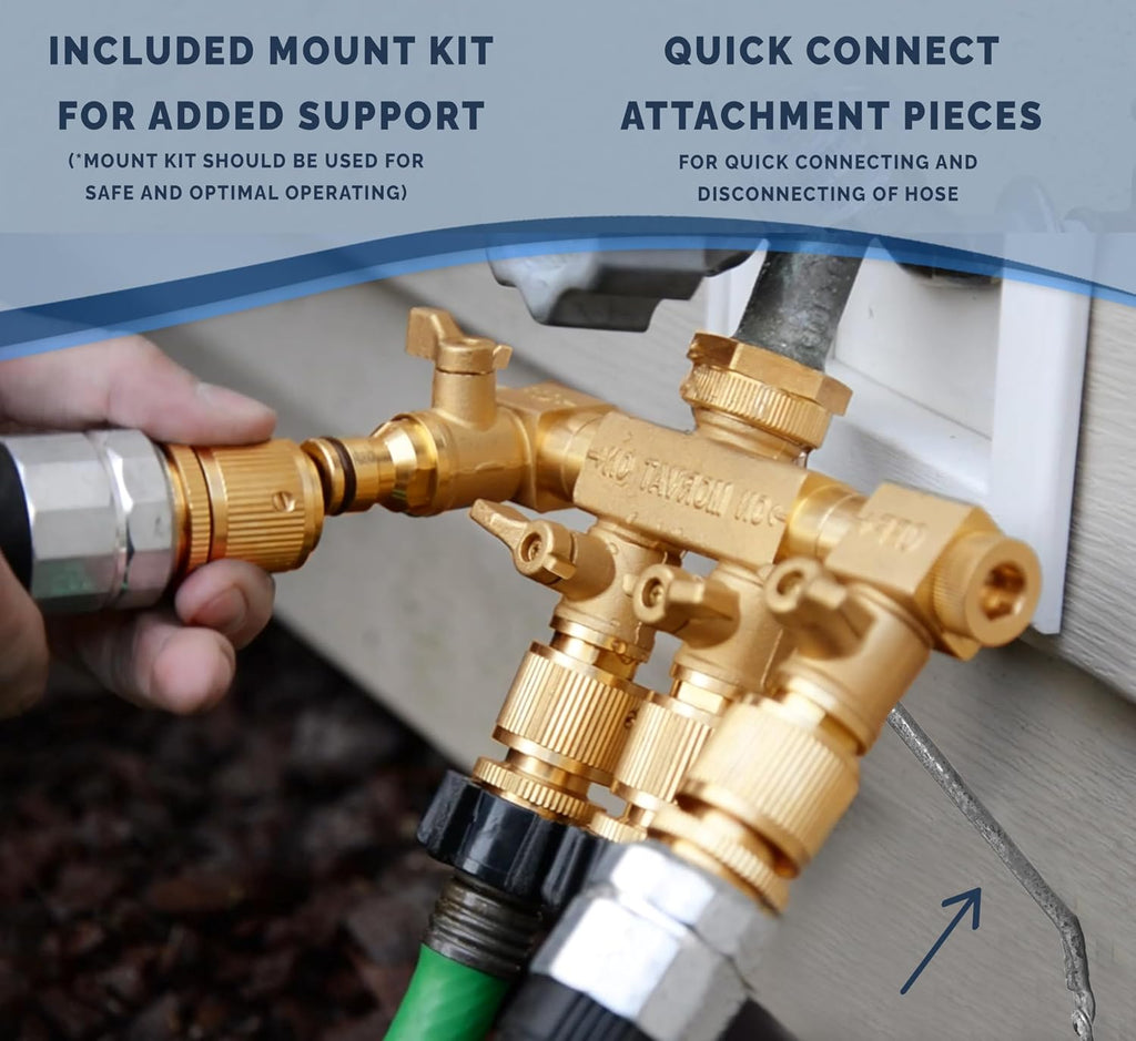 Heavy Duty 4 Way Brass Hose Splitter, Quick Connector Rotating Arms | 4-outlet brass manifold with individual ON/OFF