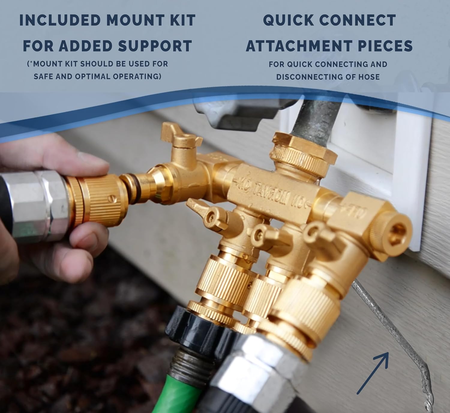 Heavy Duty 4 Way Brass Hose Splitter, Quick Connector Rotating Arms | 4-outlet brass manifold with individual ON/OFF