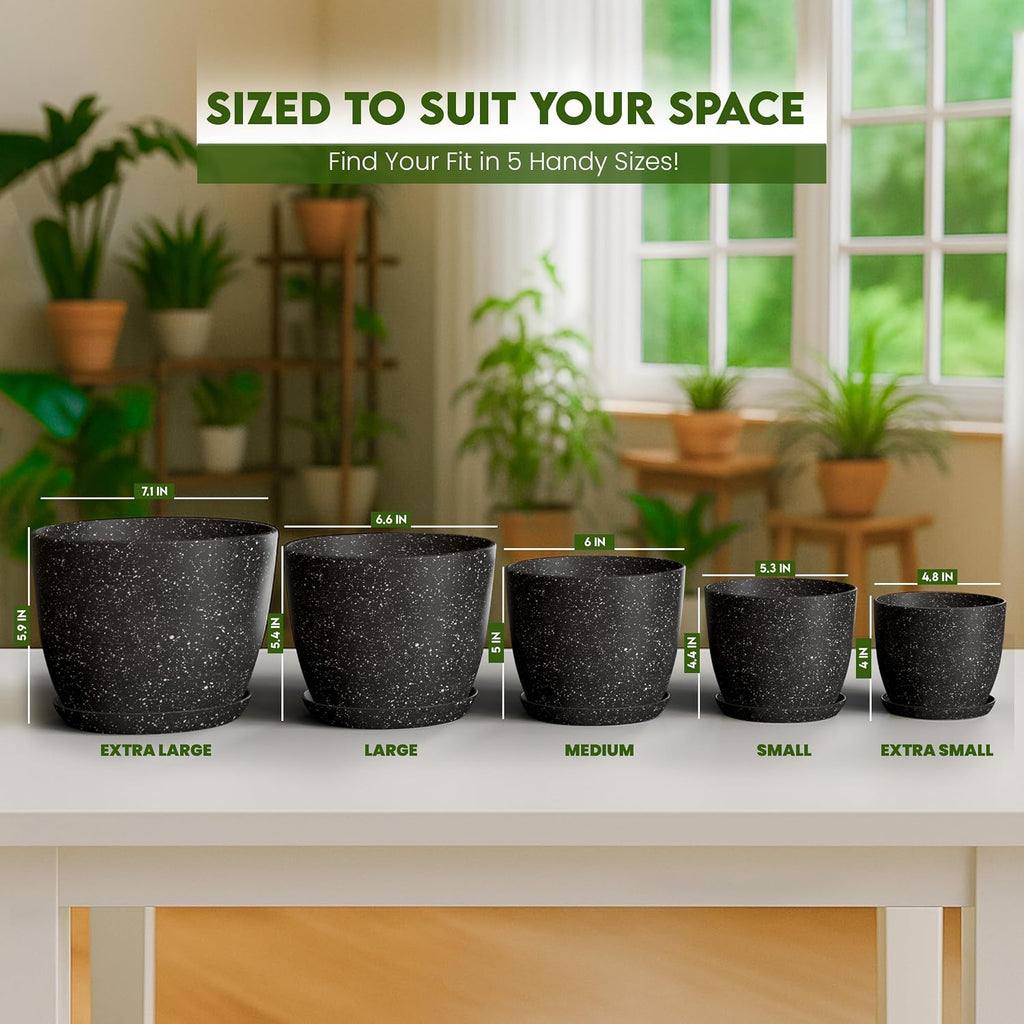 Plant Pots Indoor with Drainage 10 Pack Multi-Size Planters Spotty Black | Drainage holes included Multiple sizes