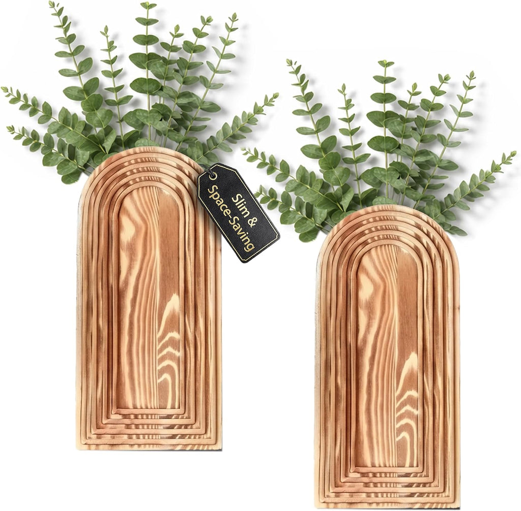 Wooden Wall Planter Vase Set of 2 - Natural Wood Wall Vases for Flowers & Decor - Wall Decor Farmhouse Walls Art for