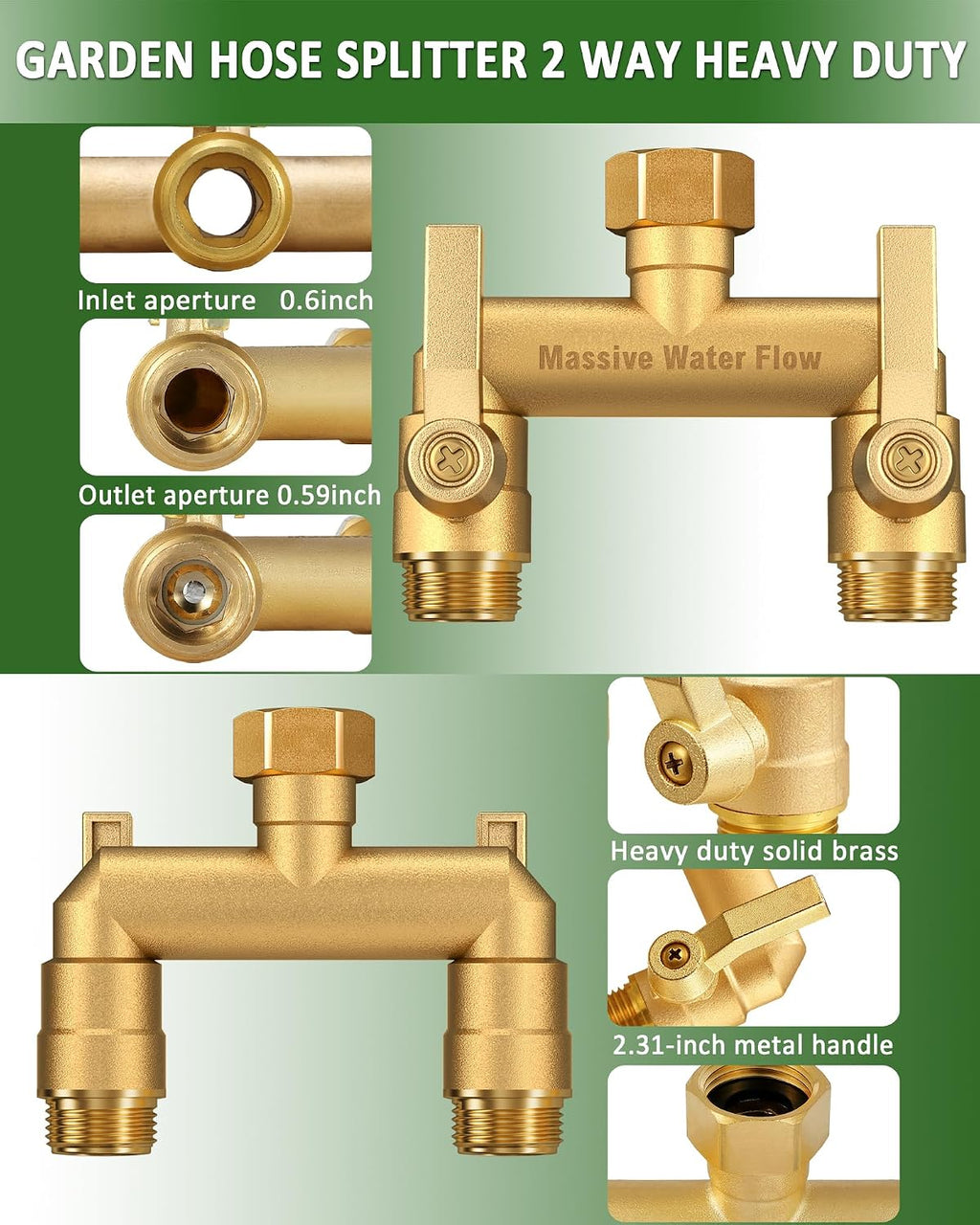 Hose Splitter 2 Way Heavy Duty, Solid Brass Full Flow Outdoor Faucet and Garden Hose Splitters, Water Spigot Splitter T