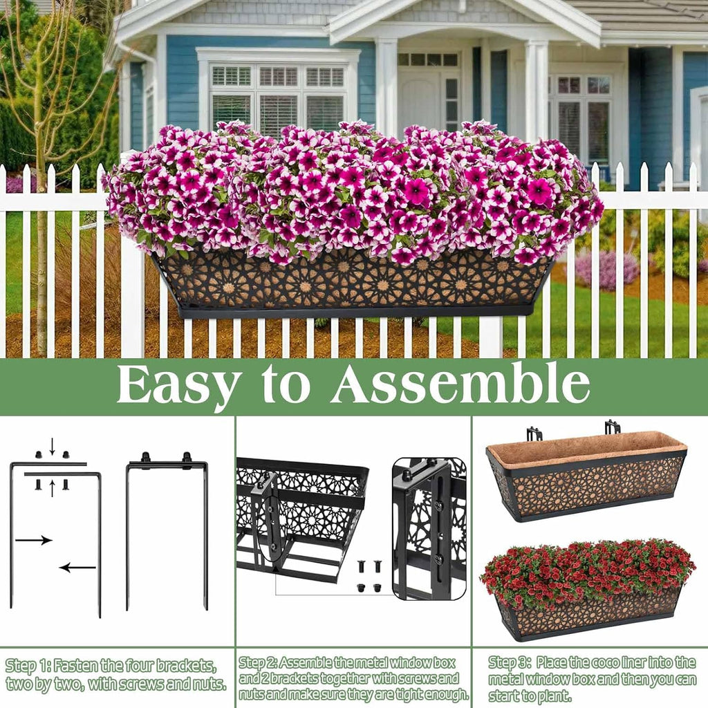 Halatool 30 Inch 4 Pack Large Railing Planter Box with Coco Liner | Rust Resistance, Sturdy Metal Window Balcony