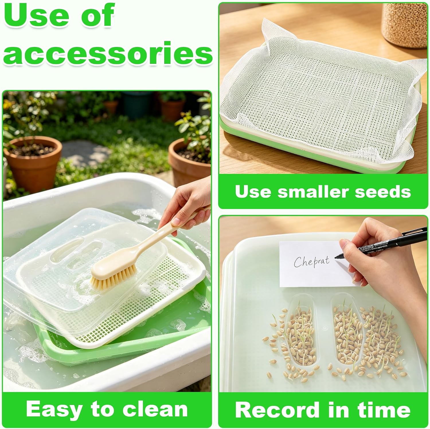 AKAZA 4 Pcs Green Seed Sprouter Trays with Lid Soil-Free Germination Trays | Nursery tray with planting paper;