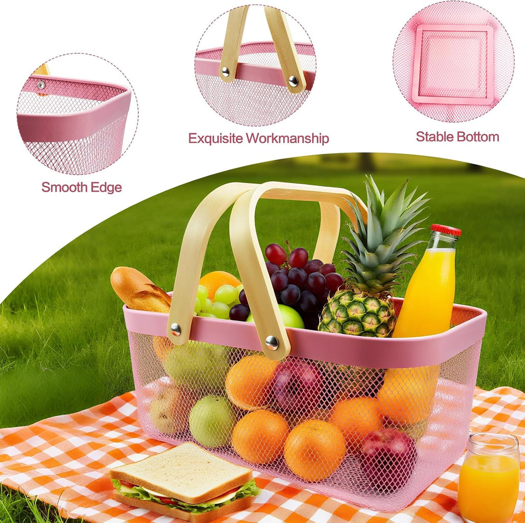 Cheardia 2 Pack Picnic Baskets, Metal Mesh Harvest Basket with Foldable Wooden Handle, Rectangle Garden Storage Basket