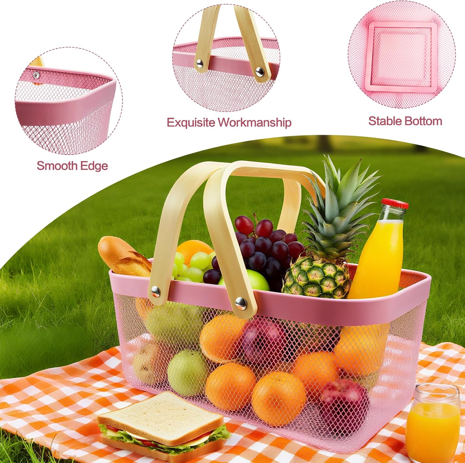 Cheardia 2 Pack Picnic Baskets, Metal Mesh Harvest Basket with Foldable Wooden Handle, Rectangle Garden Storage Basket