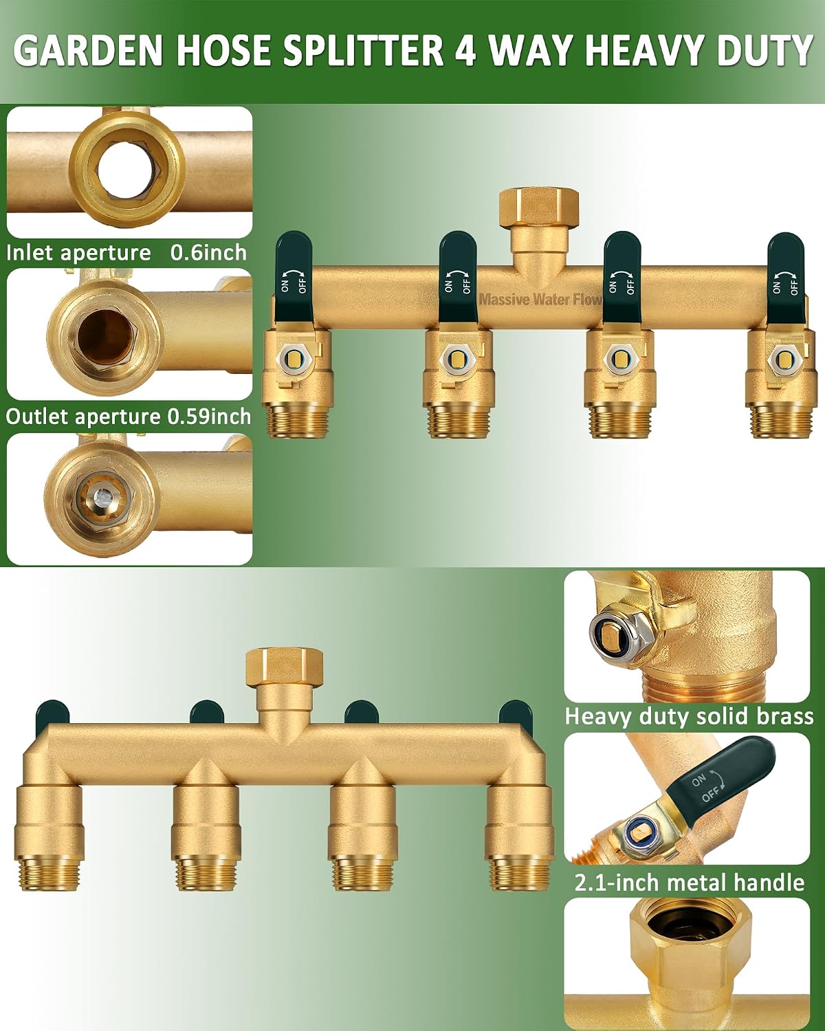 4 Way Hose Splitter, Heavy Duty Full Flow Garden Hose Splitter with 4 Large Metal Handles, Brass Water Hose Bib
