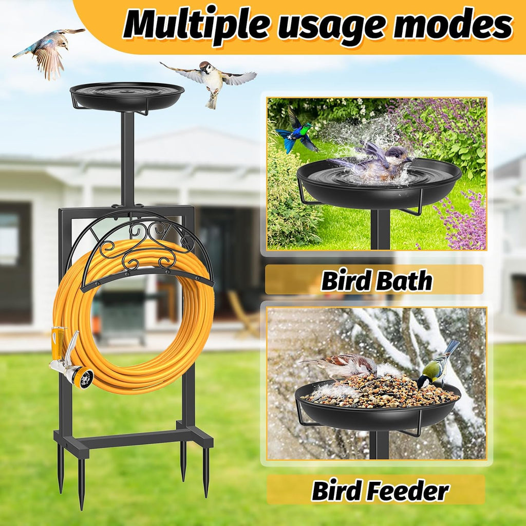 Garden Hose Holder Hanger Freestanding, Upgraded 4 Spikes Heavy Duty Storage Reel Stand with Bird Feeder Bowl, Holds