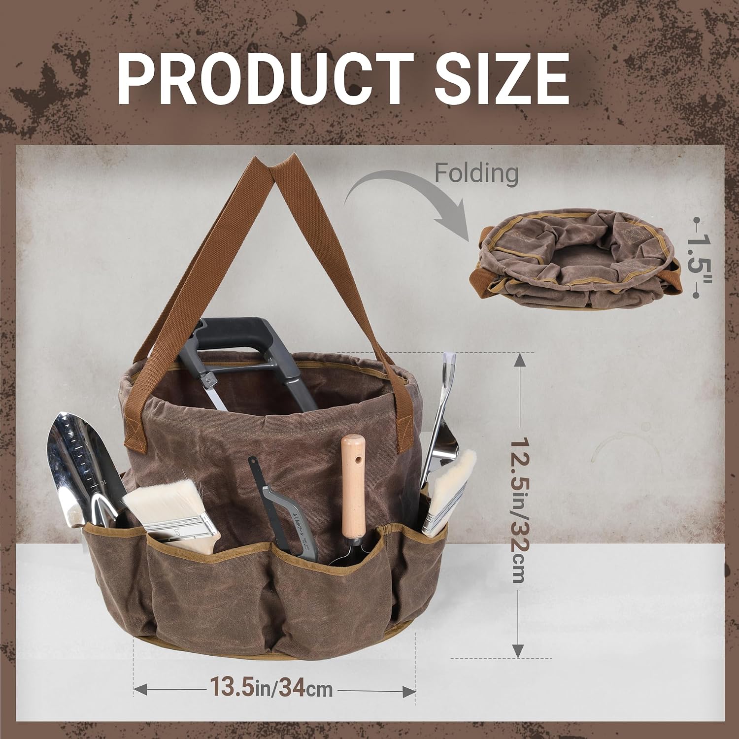 Waxed Canvas Garden Organizer Bag - Waterproof Bucket Tool Bag Portable with Side Pockets, Portable Gardening Tote for