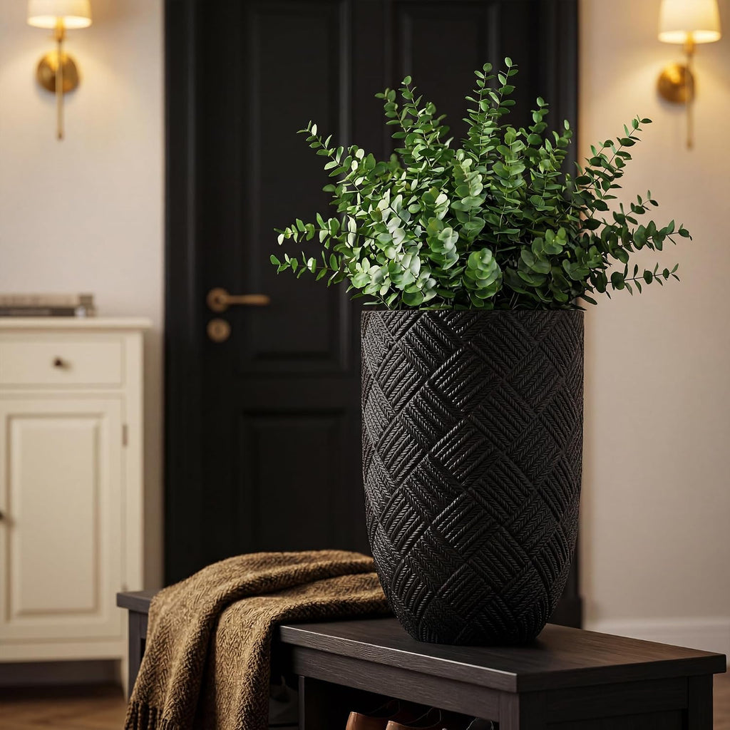 Oakrain 17.7" Tall Planter for Indoor Plants, Black Large Floor Planter | Flower Pot with Handcrafted Herringbone