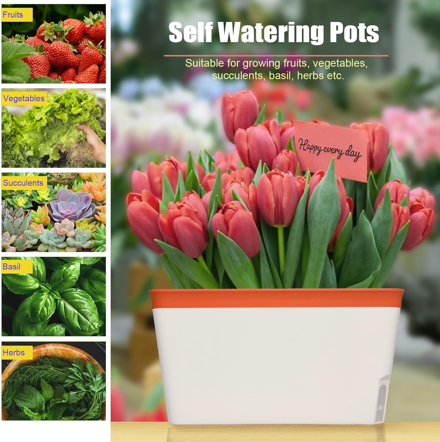OurWarm Windowsill Herb Planter Box Indoor Set of 3, 10.5 Inch Self Watering Planter Pots with Visual Water Level