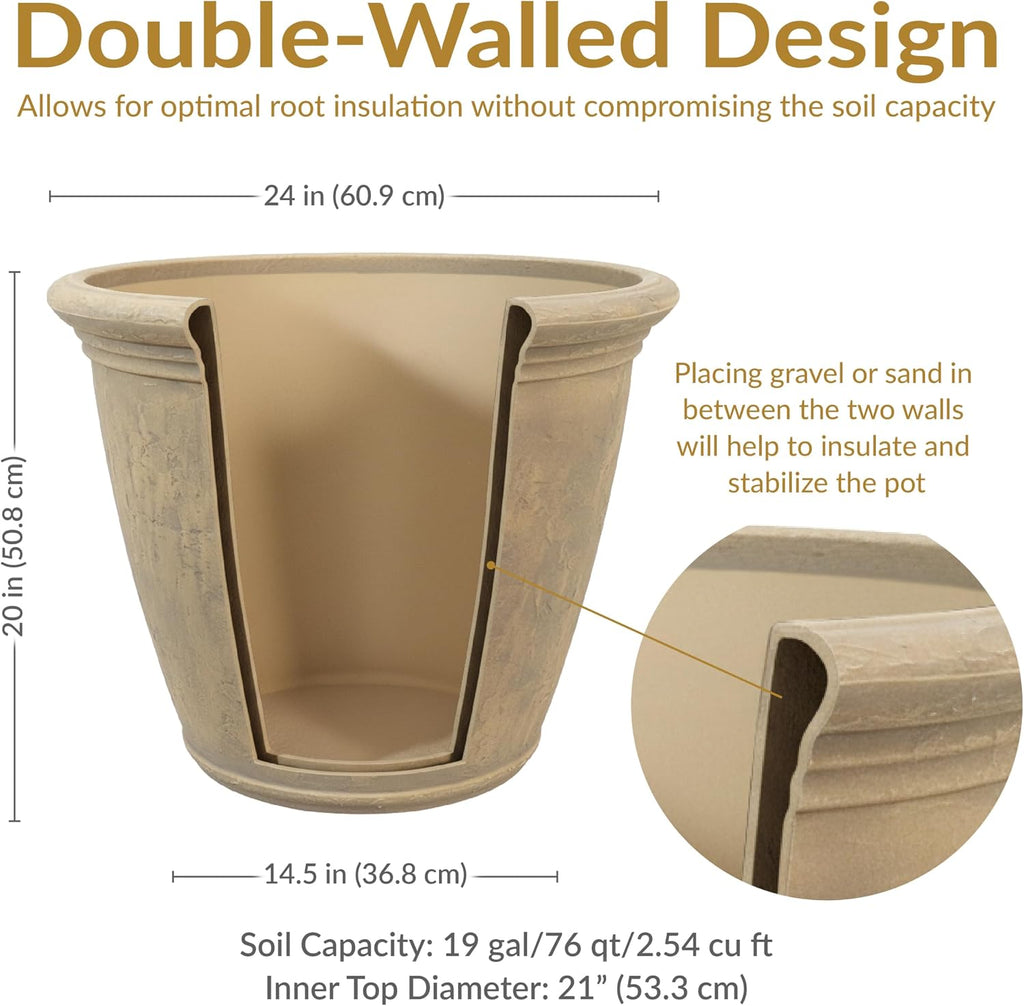 Sunnydaze Anjelica 24'' Large Plastic Planter Pot for Plants, Beige | 19-Gallon Capacity, Large Plastic Planter for