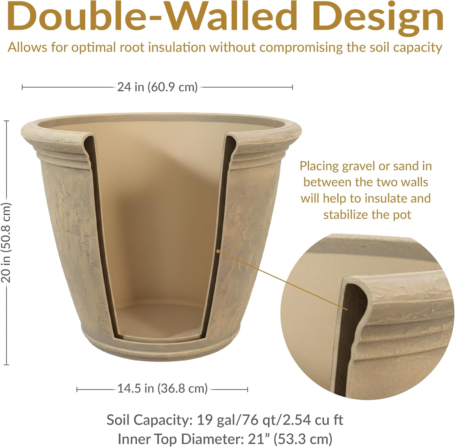 Sunnydaze Anjelica 24'' Large Plastic Planter Pot for Plants, Beige | 19-Gallon Capacity, Large Plastic Planter for