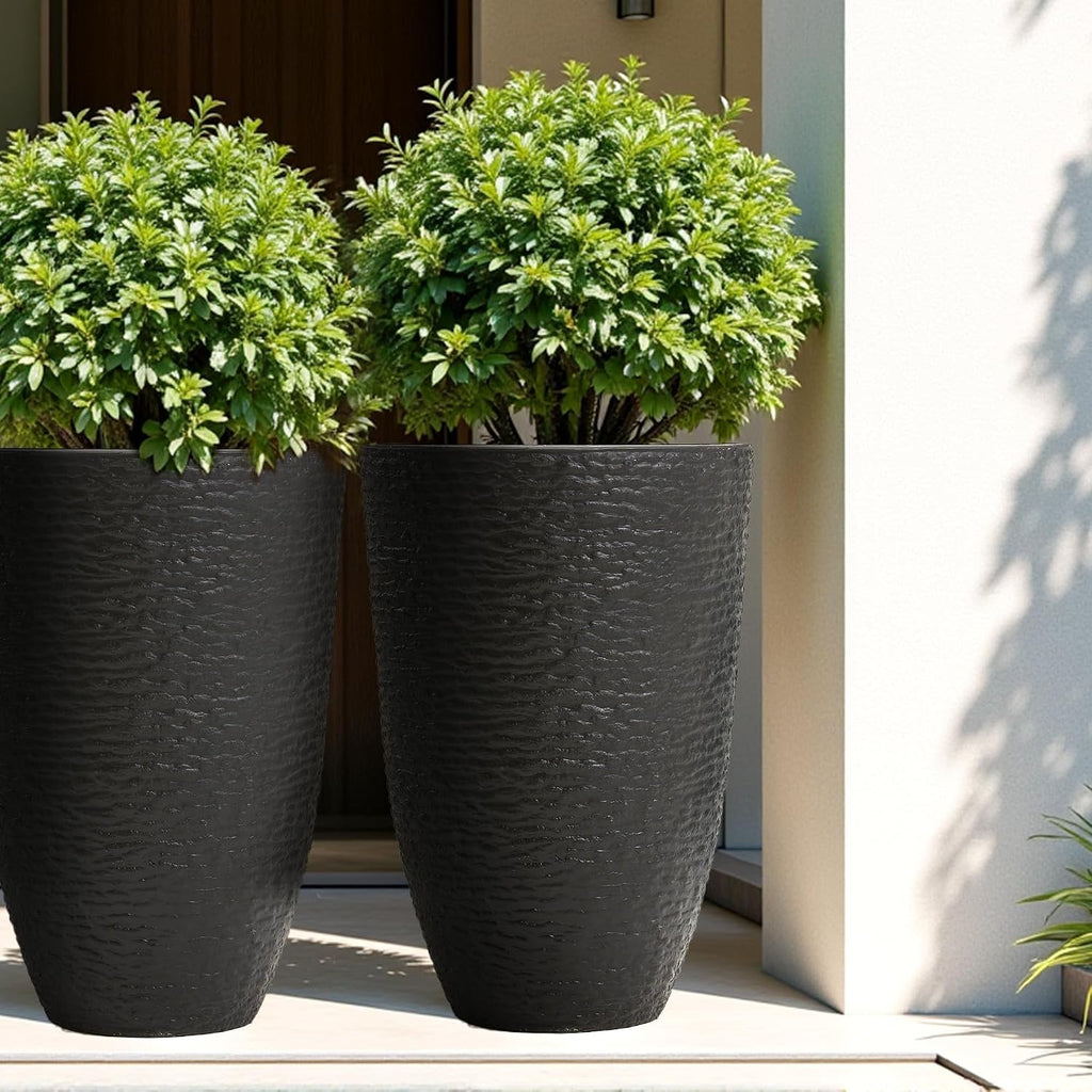 Worth Garden 21" H Tall Planters 2 Pack - 14'' Dia Resin Large Round Black Flower Pots for Outdoor Plants Trees