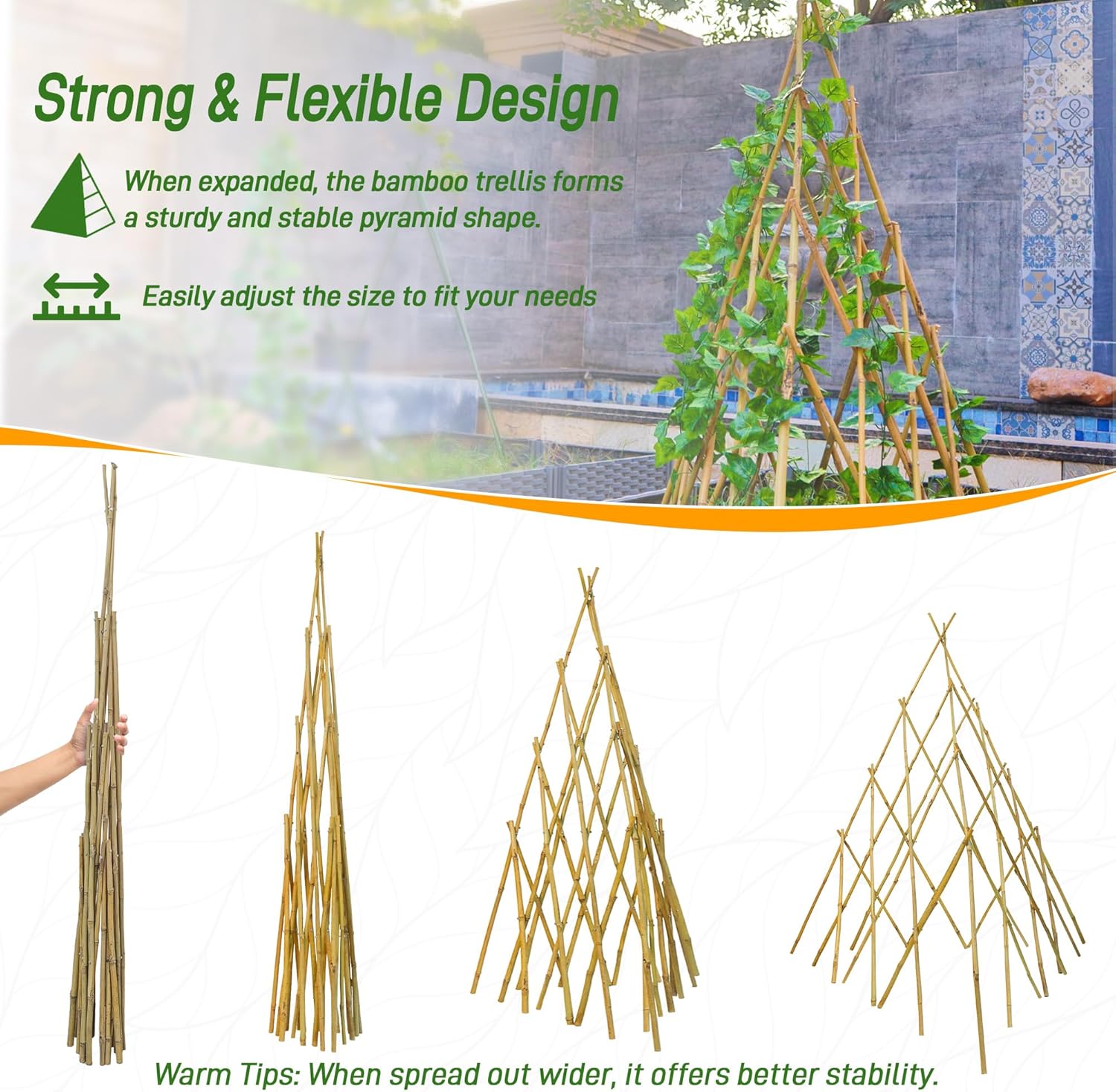 4ft Expandable Bamboo Teepee Trellis for Climbing Plants, Self-Standing Natural Bamboo Trellis for Plant Support