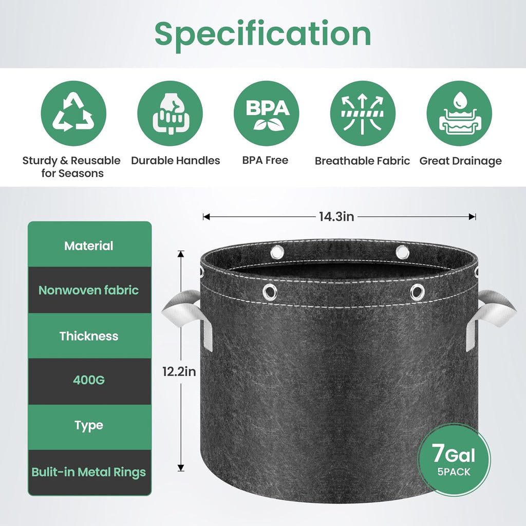 InfiniPower 5 Pack 7 Gallon Plant Grow Bags, 400G Thick Nonwoven Fabric Pots with Multi-Purpose Rings and Handles