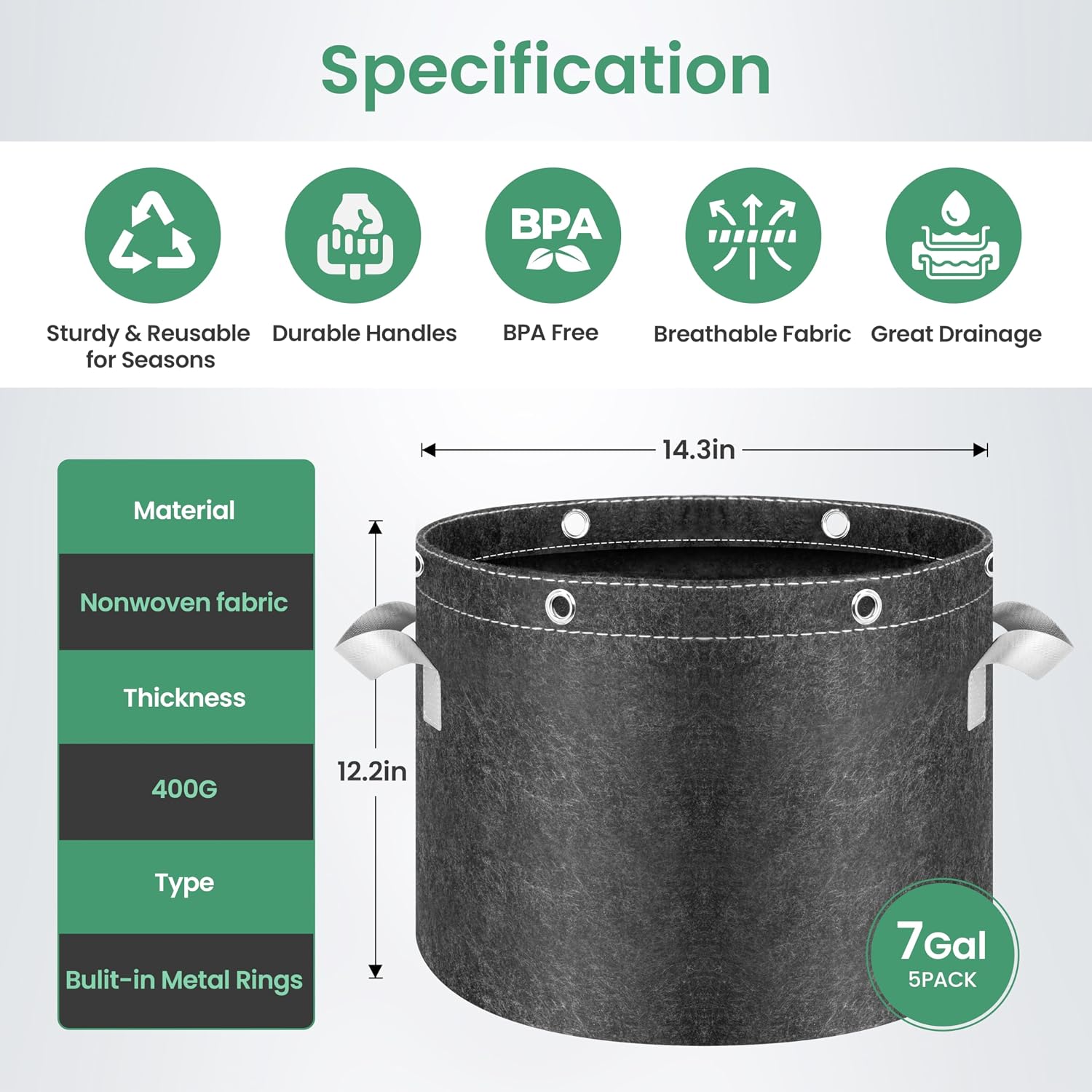 InfiniPower 5 Pack 7 Gallon Plant Grow Bags, 400G Thick Nonwoven Fabric Pots with Multi-Purpose Rings and Handles