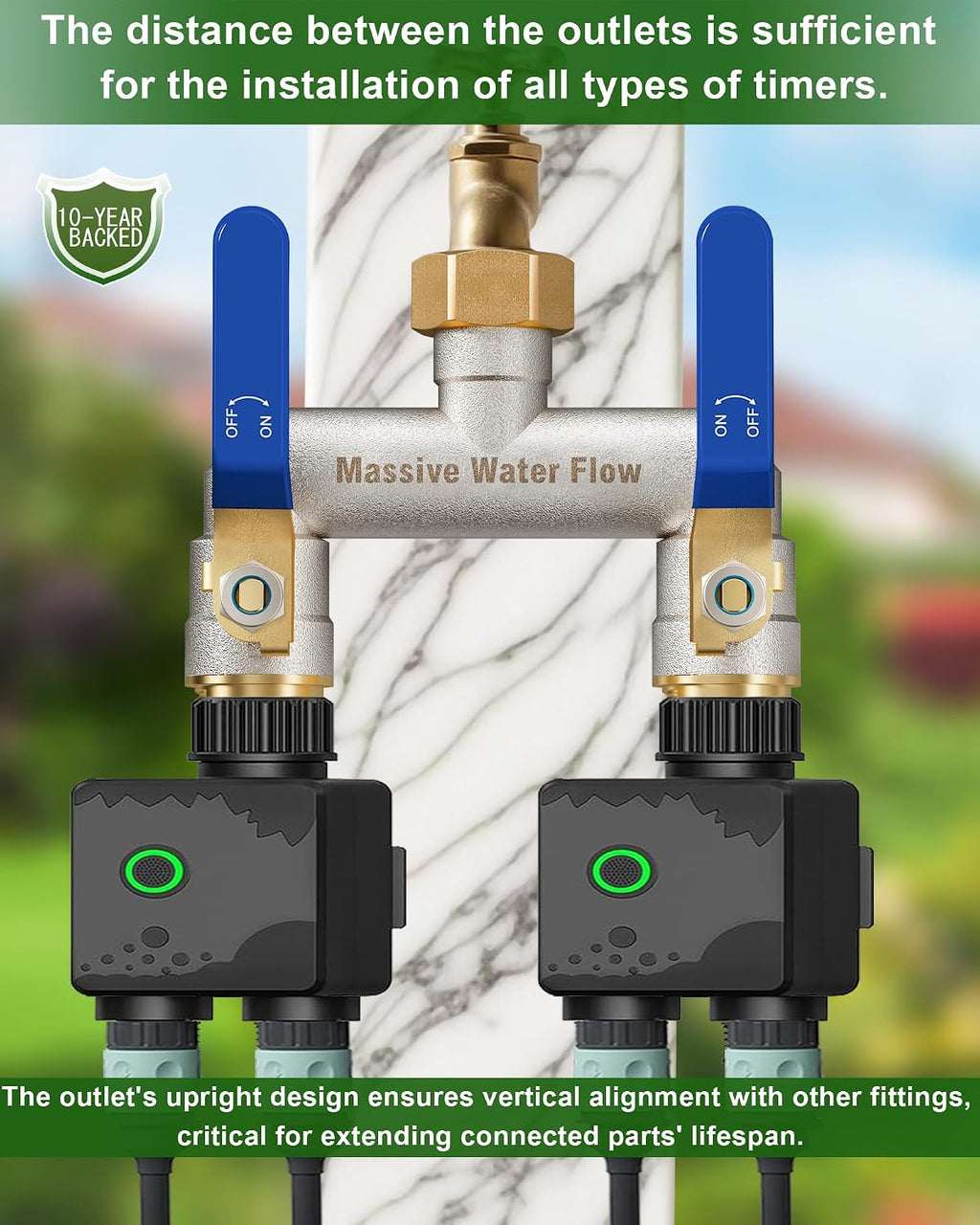 Hose Splitter 2 Way Heavy Duty, Brass Garden Hose Splitter | 304 Stainless Steel Long Handle, Full Flow Nickel Plated