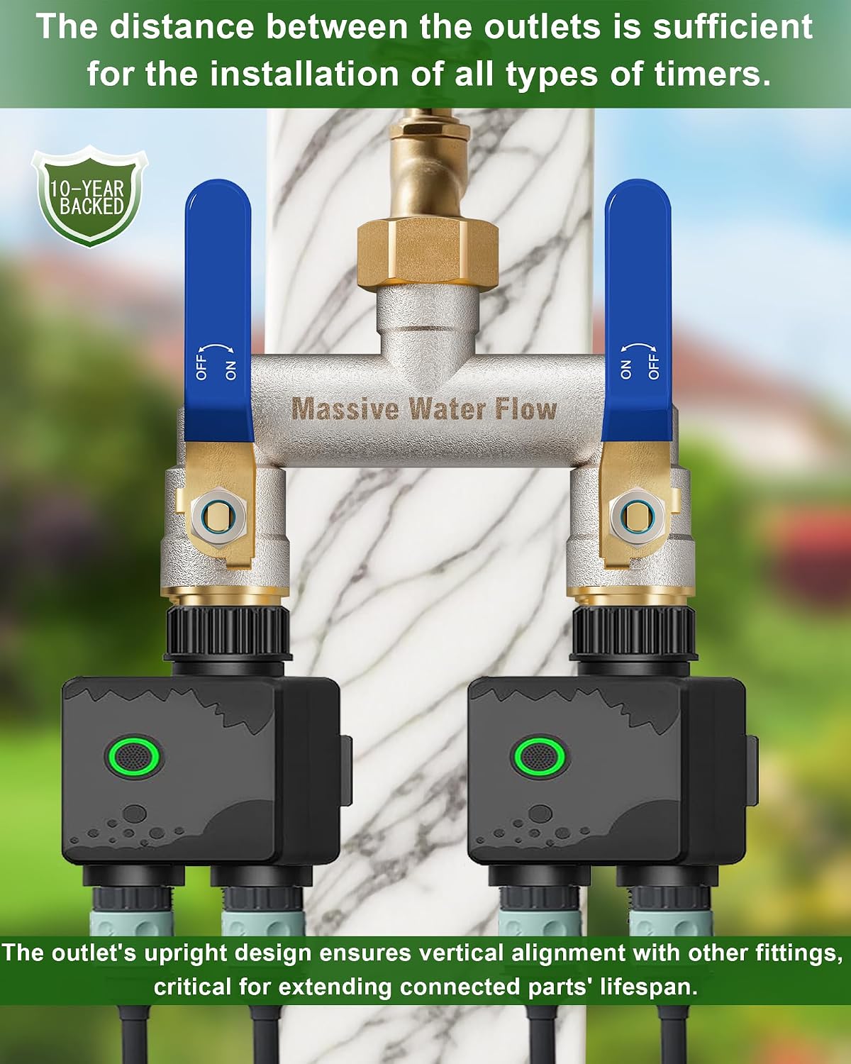 Hose Splitter 2 Way Heavy Duty, Brass Garden Hose Splitter | 304 Stainless Steel Long Handle, Full Flow Nickel Plated