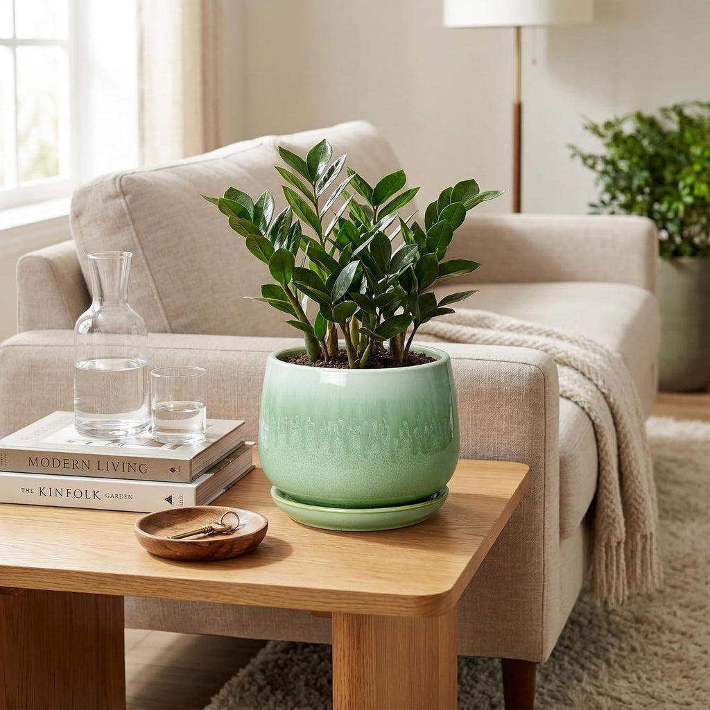 Ceramic Pots for Plants - 7 Inch Planters for Indoor Plants, Round Ceramic Plant Pot with Drainage Hole and Saucer