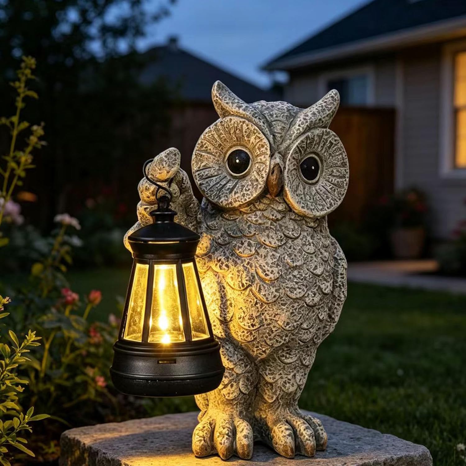 Solar Owl Garden Statue with LED Lantern, Waterproof Outdoor Resin Figurine (Grey Owl)