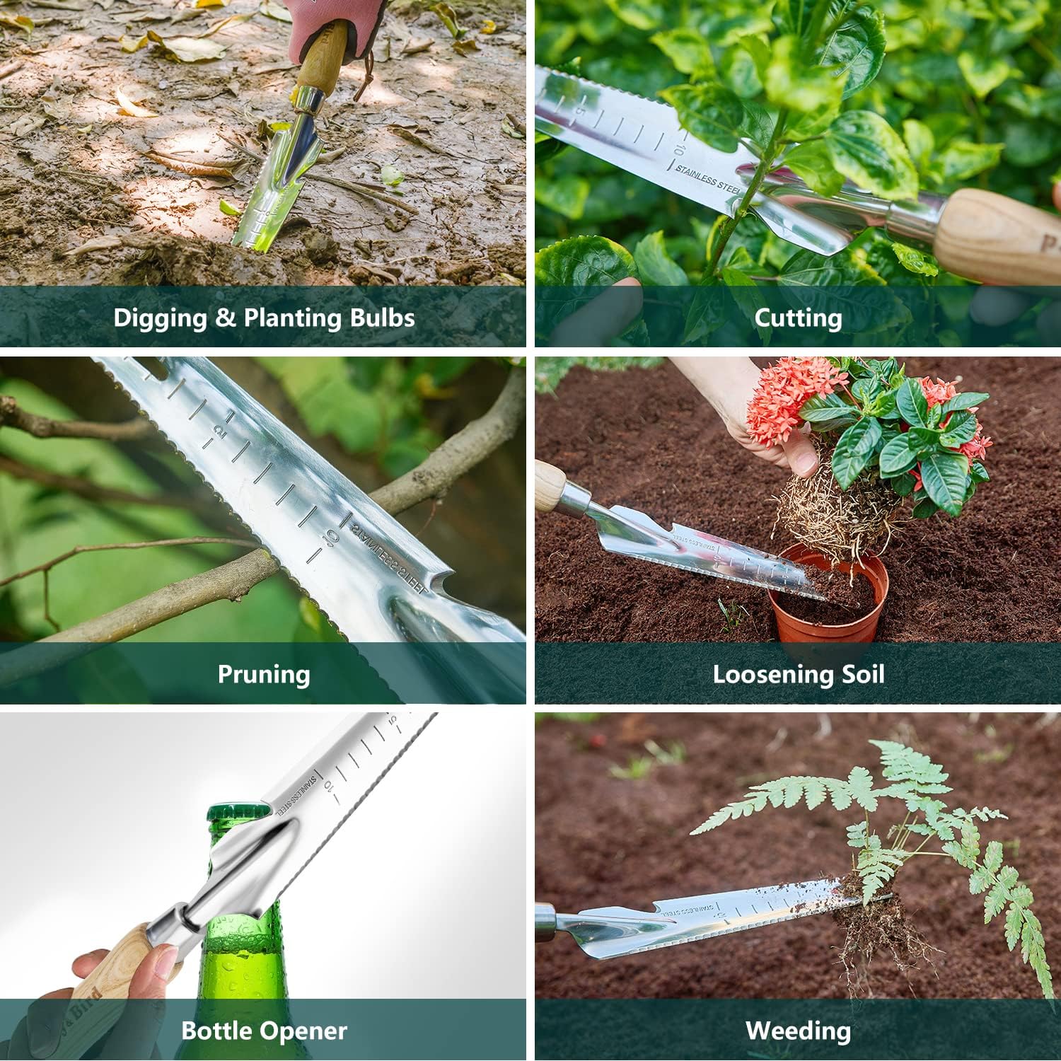 Berry&Bird Gardening Hand Tool Set - 3PCS Stainless Steel Garden Tool Kit Multifunctional Tool with Wooden Handle
