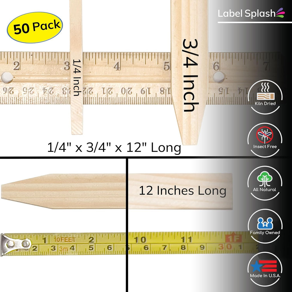 50 Pack Wooden Garden Stakes, 12" Long x 3/4" Wide, Made in USA Pine Plant Markers, Chisel Point Yard Stakes for