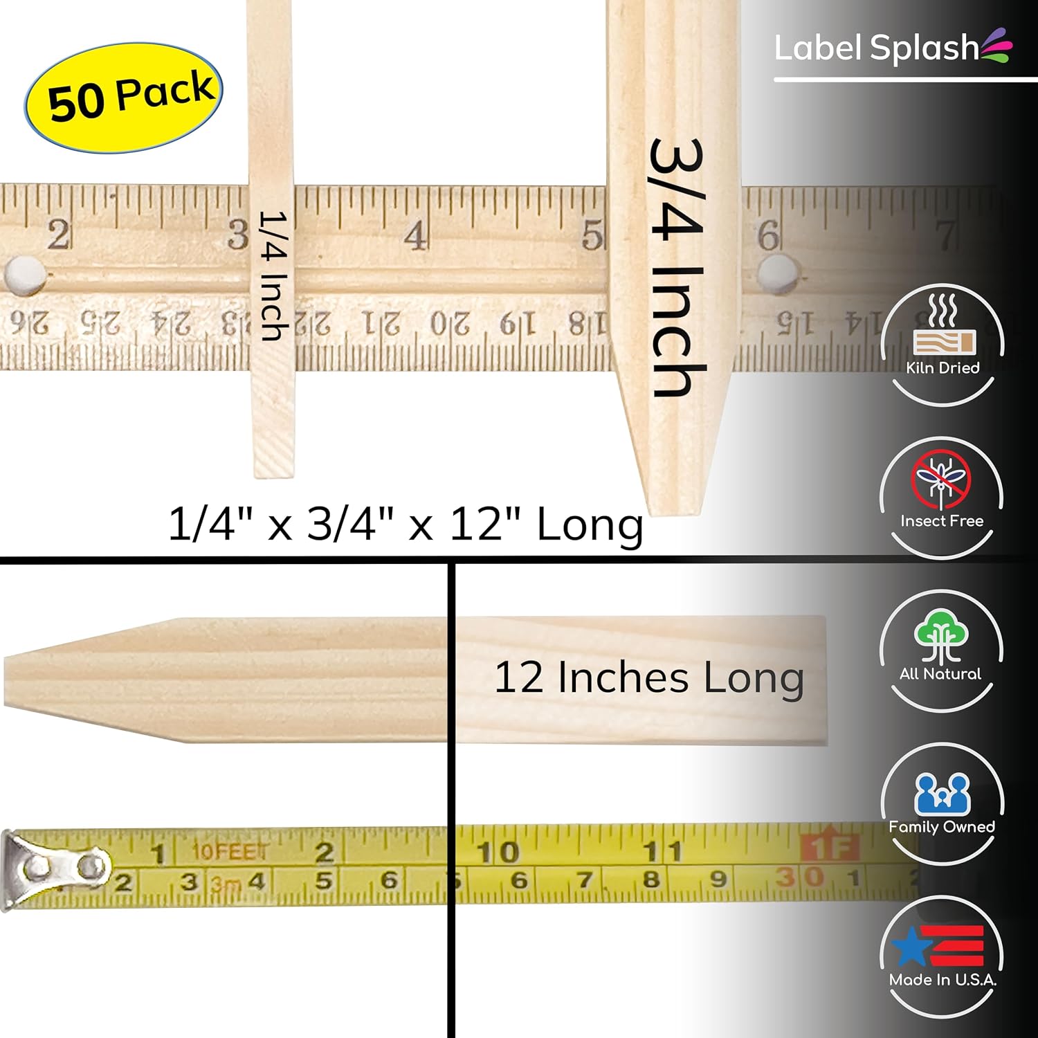 50 Pack Wooden Garden Stakes, 12" Long x 3/4" Wide, Made in USA Pine Plant Markers, Chisel Point Yard Stakes for