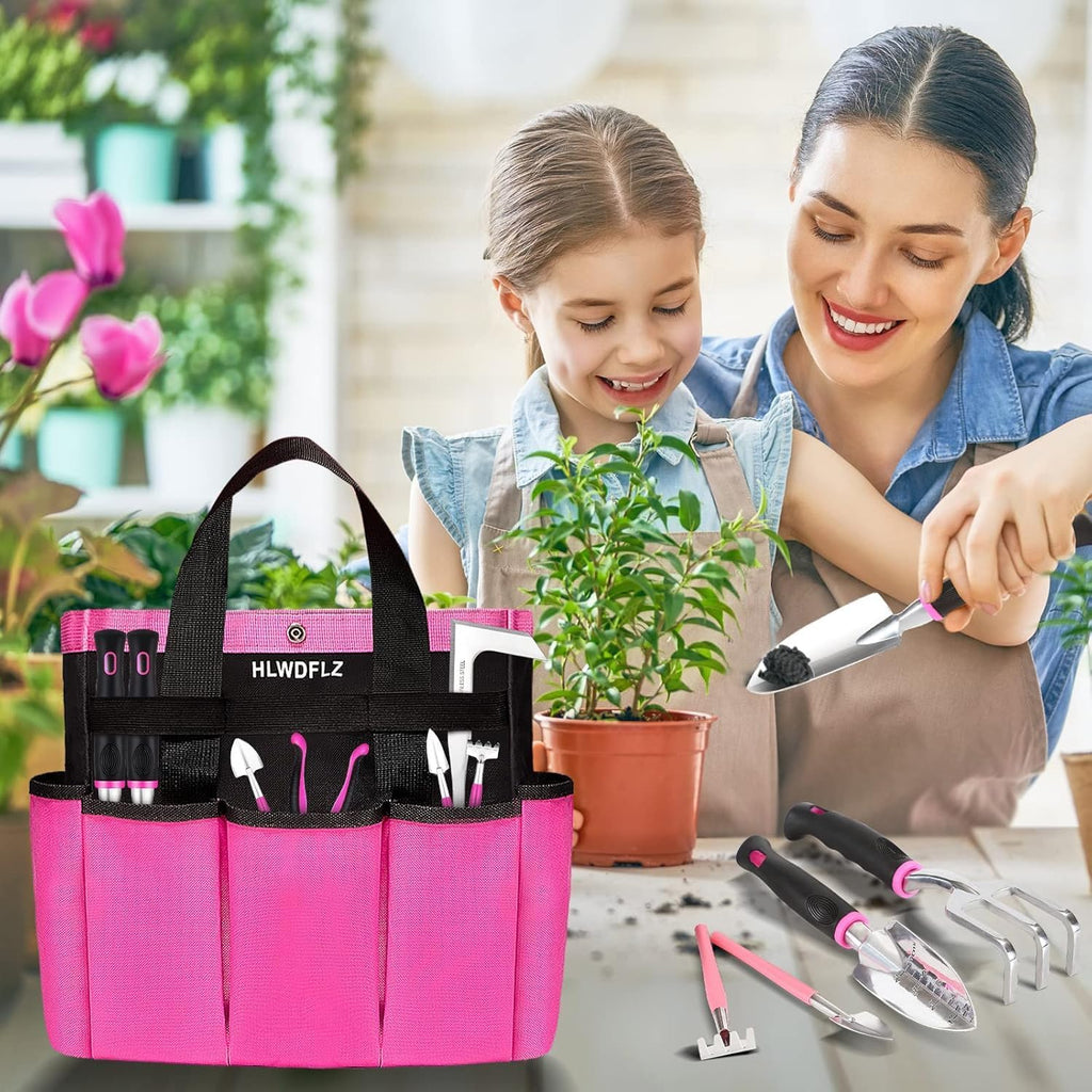 Pink Garden Tool Set Gardening Items for Women - 24PCS Heavy Duty Garden Tools with Detachable Storage Bag, Succulent