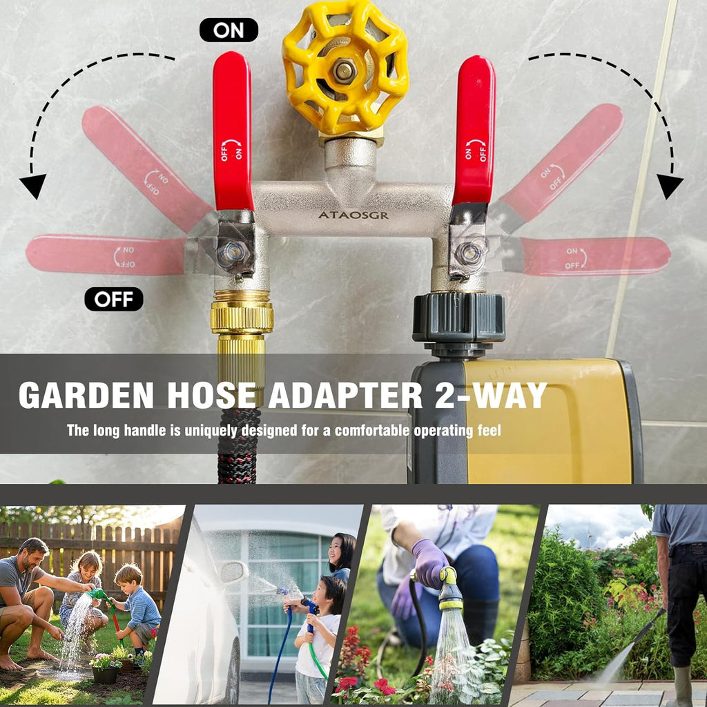 Garden Hose Splitter, 2 Way Heavy Duty Outdoor Faucet Splitter, Extra Long Handles High Flow Hose Adapter,with Shutoff