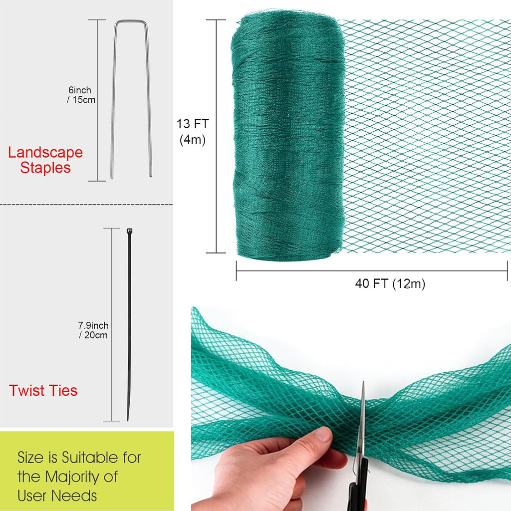 RIFNY Bird Netting for Garden Protection, 13 x 40FT Mesh Garden Netting | Heavy Duty Anti Bird Net with Staples for