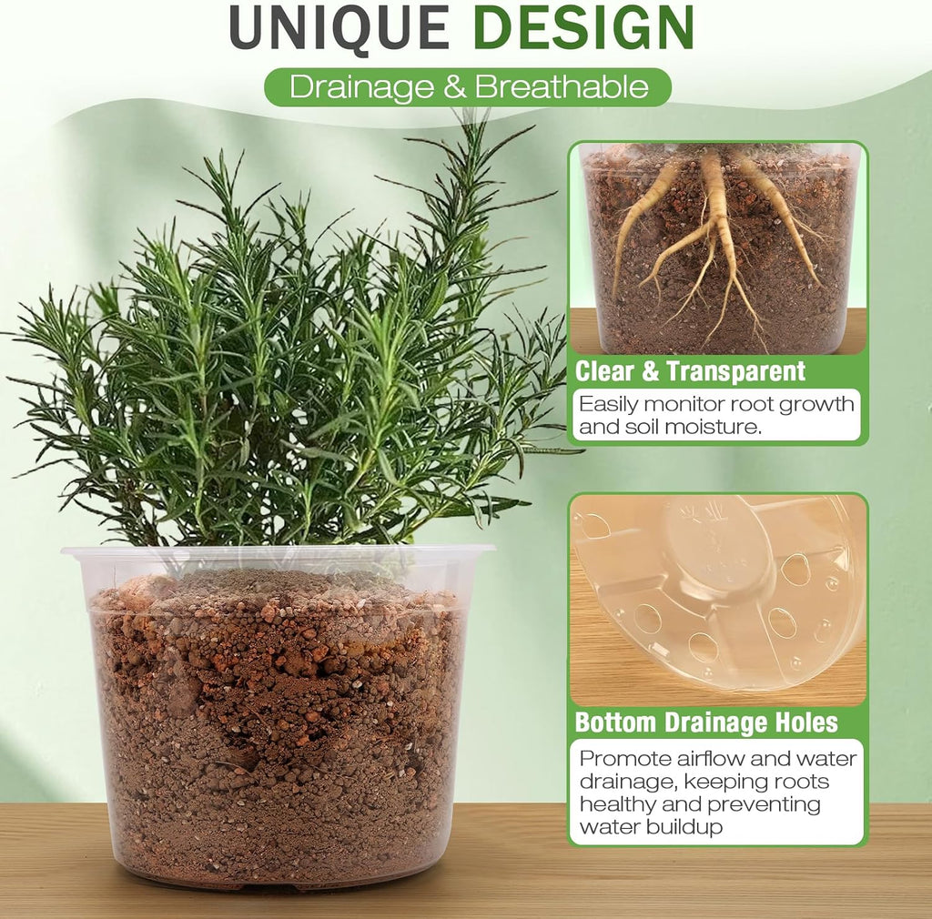 7/8/10 Inch Large Clear Nursery Pots with Drainage, 9 Pack Plastic Pots for Plants, Clear Plant Seedling Pots for