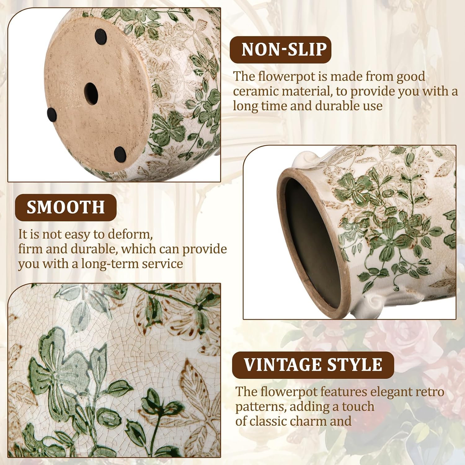 Ceramic Scroll Planter 6.5 Inch Chinoiserie Floral Vase with Drainage Holes Vintage Flower Vase Flower Pot Rustic
