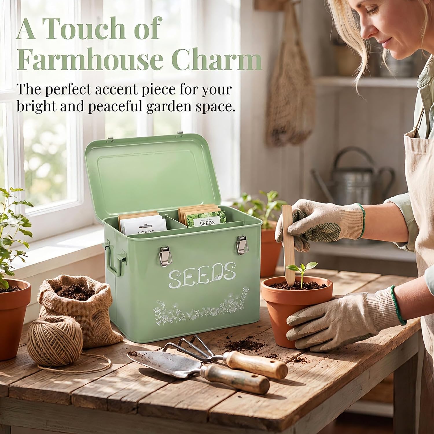 Covzoe Metal Seed Storage Organizer with String and 10 Wood Plant Labels | 3 Compartment Metal Seed Saving Box, Seed