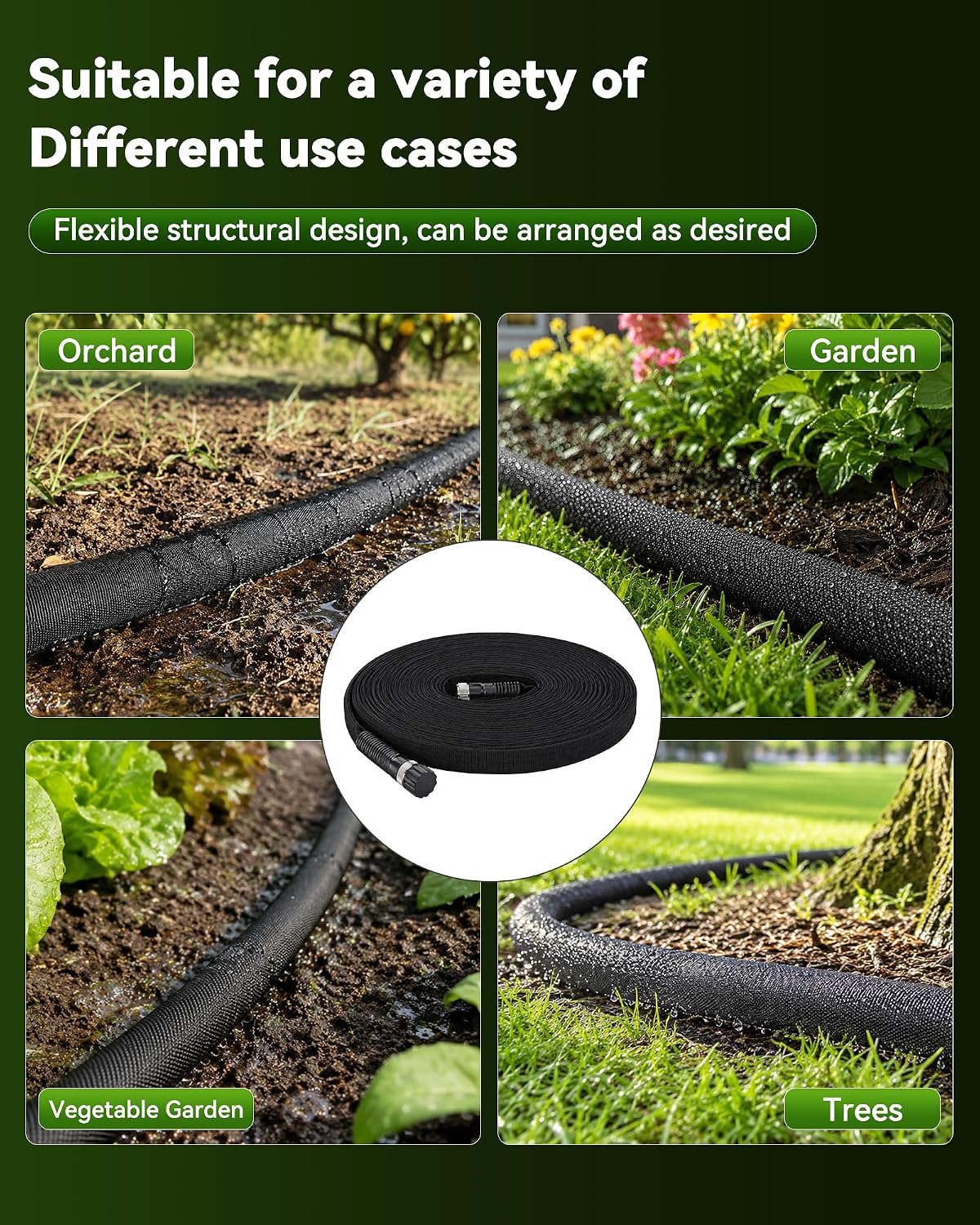 Flat Soaker Hose 50FT for Garden | Anodized Aluminum Connectors, Linkable DIY Drip Hose, Leakproof Double Layer