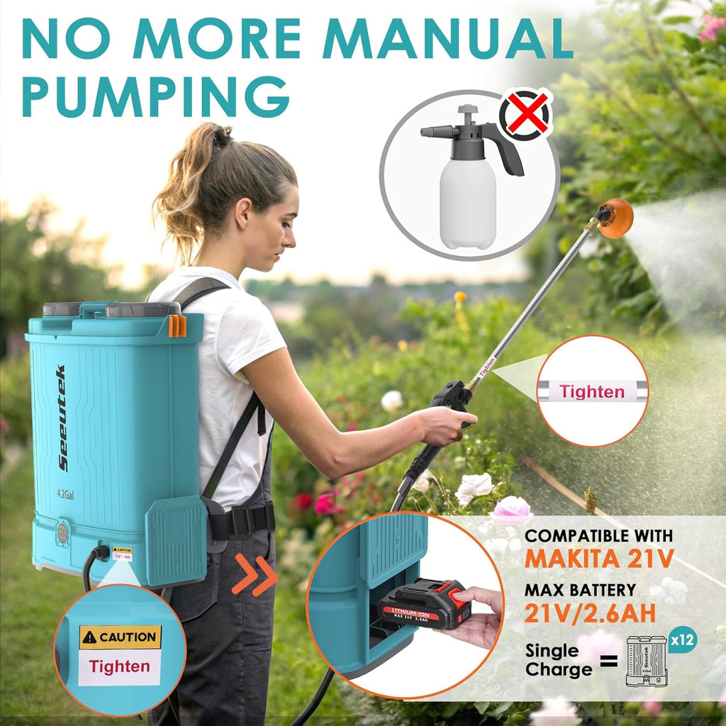 SEEUTEK Battery Powered Backpack Sprayer 4.2 Gallon,Electric Garden Sprayer | 0-100 PSI, Telescopic Wand, 6 Nozzles