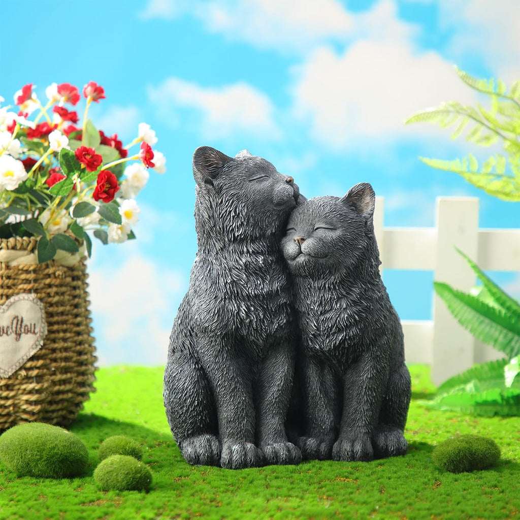 Wenqik Black Cat Statue for Garden Couple Kitten Figurines Decor Resin Cat Sculpture Decorative Garden Statues for