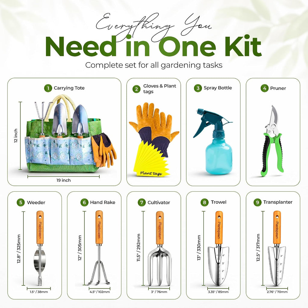 Gardening Tools Set with Organizer Handbag 9-Piece, Heavy‑Duty Rust‑Proof Garden Hand Tools, Wooden Handles,15 Plant