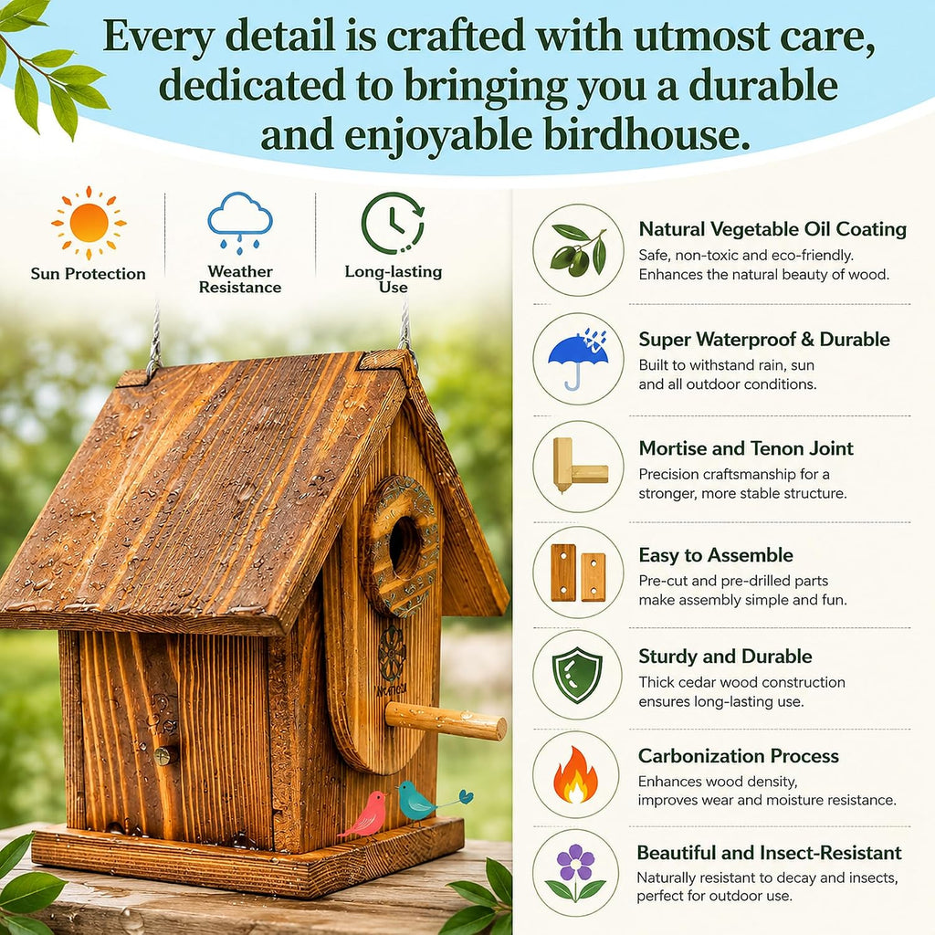 Bird House Kit for Kids & Adults, DIY Cedar Birdhouse with Paint | Mortise & Tenon, Carbonized Cedar, 3 Entrance Sizes