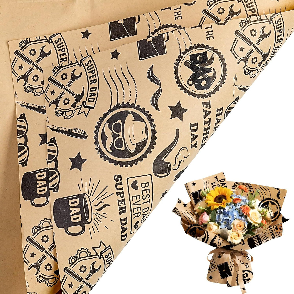 LeZakaa 10 Sheets Fathers Day Flower Wrapping Paper, Happy Father's Day Dad Theme Gift Wrap, Brown Kraft Floral Bouquet Paper for Men Husband Grandpa DIY Gift Packaging, 19.7 x 27.6In Each