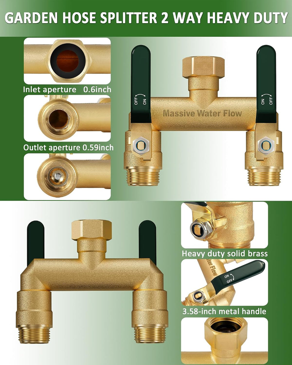 Hose Splitter 2 Way Heavy Duty, Full Flow Garden Hose Splitter with 2 Long Metal Handles, Brass Rust and Freeze