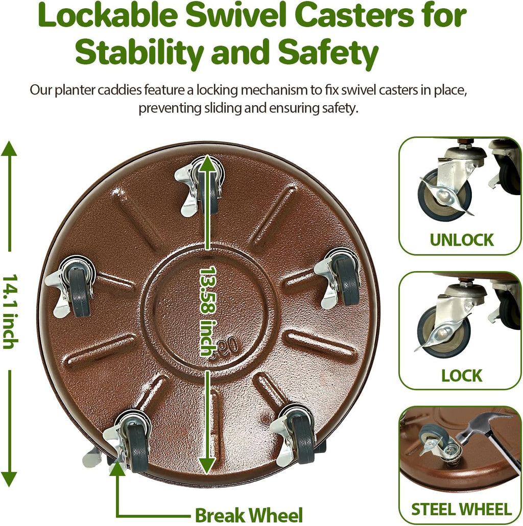 Plant Caddy With Wheels 14" Metal Plant Saucer for Indoors Hold Up to 390LB | Heavy Duty Rolling Plant Stand, 360°