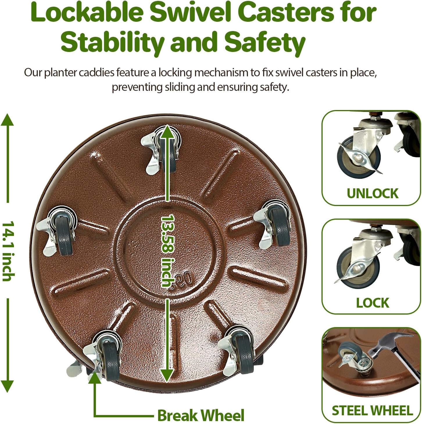 Plant Caddy With Wheels 14" Metal Plant Saucer for Indoors Hold Up to 390LB | Heavy Duty Rolling Plant Stand, 360°